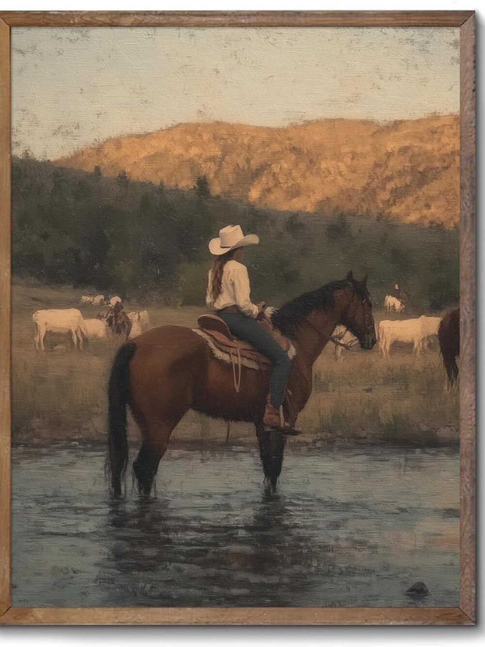 Western Cowgirl Riding Horse Wall Art, Vintage Cowgirl Oil Painting Print, Antiq